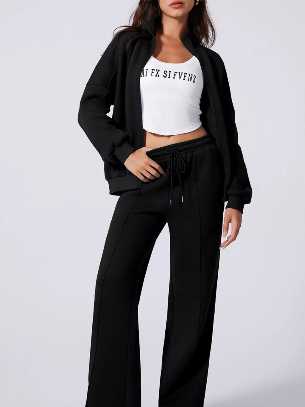 Drop Shoulder Zip Up Jacket and Drawstring Pants Active 2pcs Set