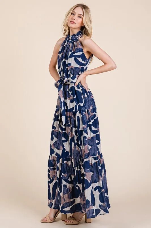 Lime 'N' Chili Abstract Halter Neck Tie-Waist Tiered Maxi Dress