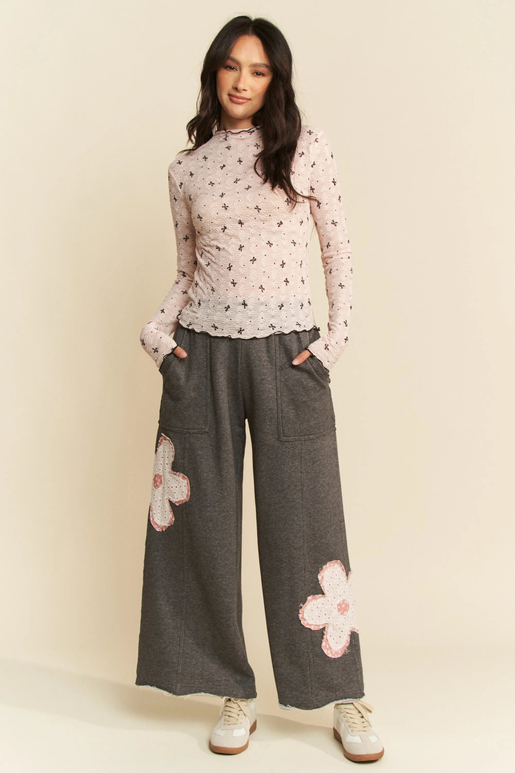 Davi & Dani Ribbon Bow Lace Hem Long Sleeve Mesh Layering Top