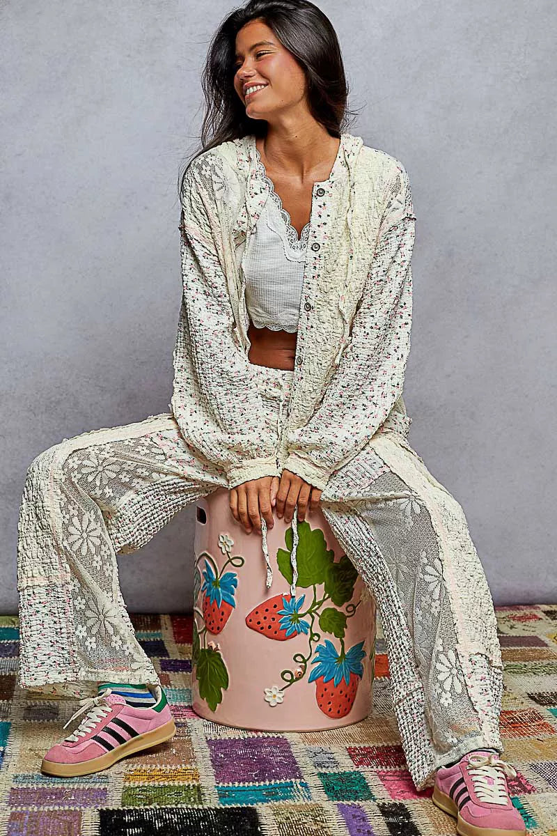 POL Floral Balloon Sleeve Hooded Lace Jacket with Stitch Detail