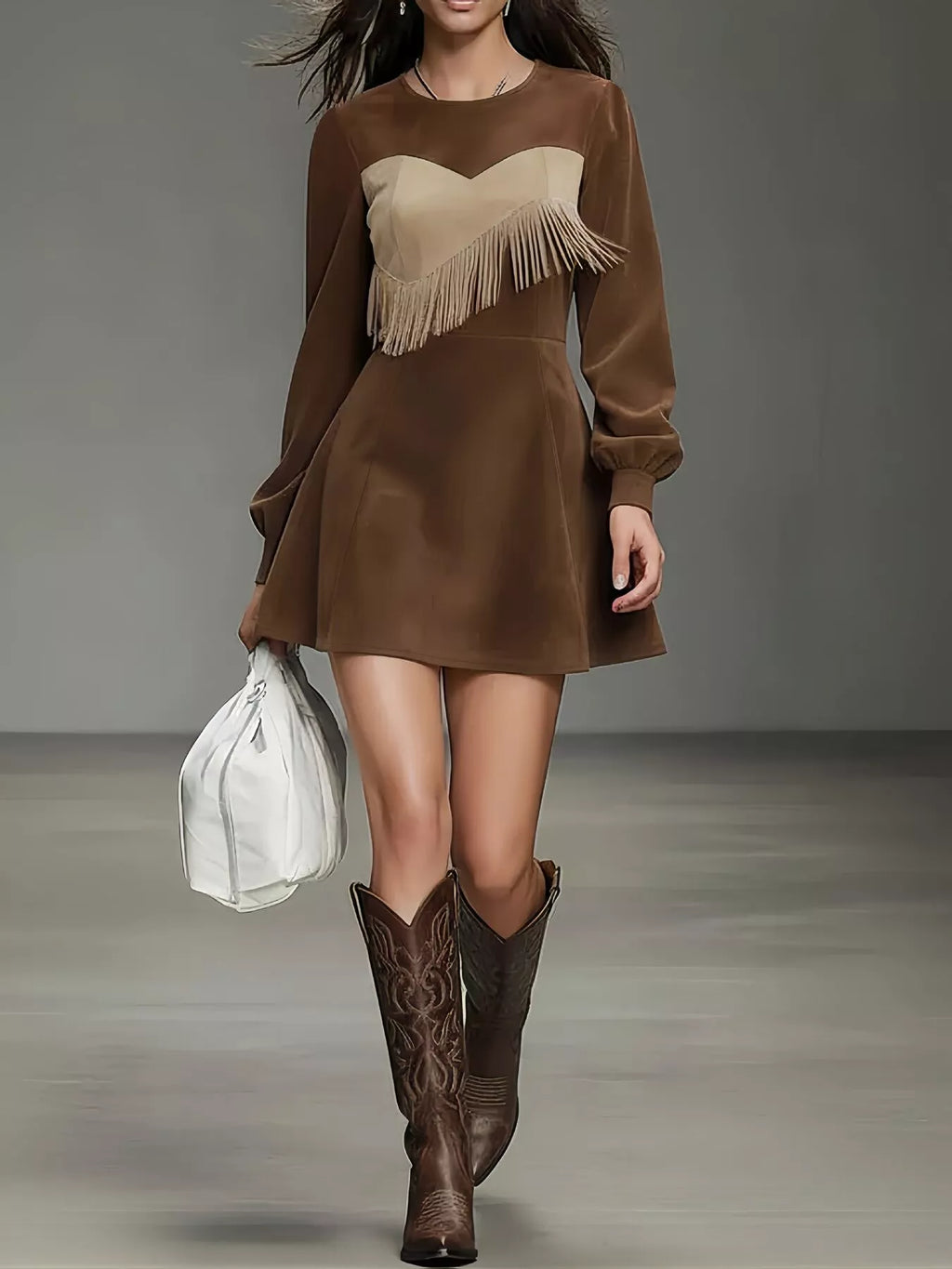 Fringe Trim Lantern Sleeve Mini Dress