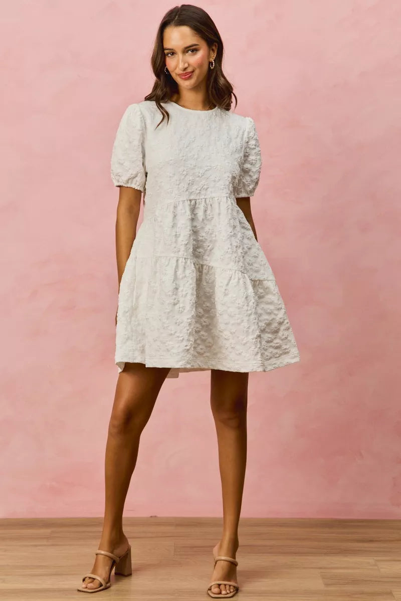 SO ME Floral Jacquard Diagnol Tiered Short Mini Dress