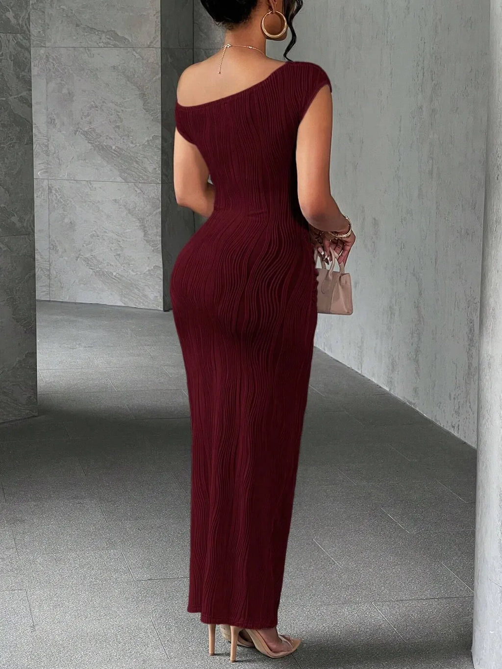 Textured Single Shoulder Maxi Dress