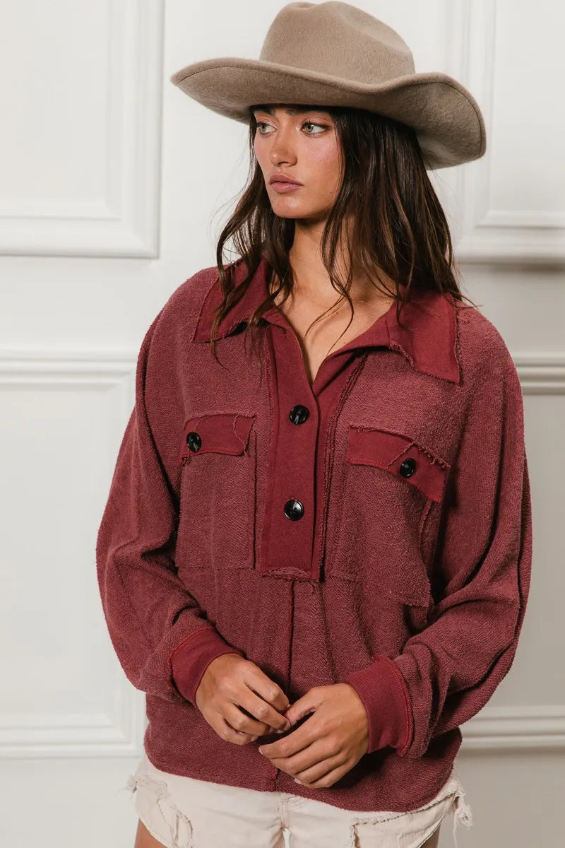 BiBi Cp French Terry Cut Edge Detail Collared Top