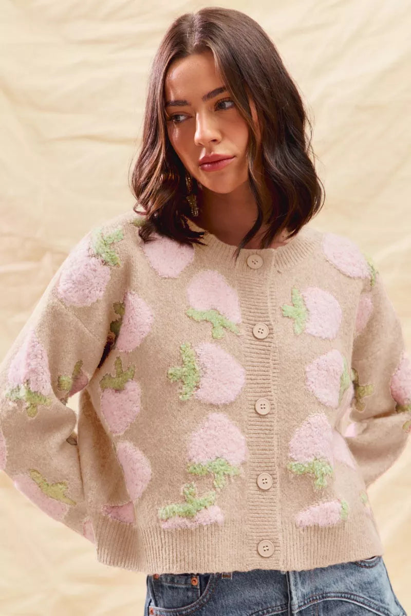 SO ME Strawberry Fruit All Over Button Sweater Cardigan