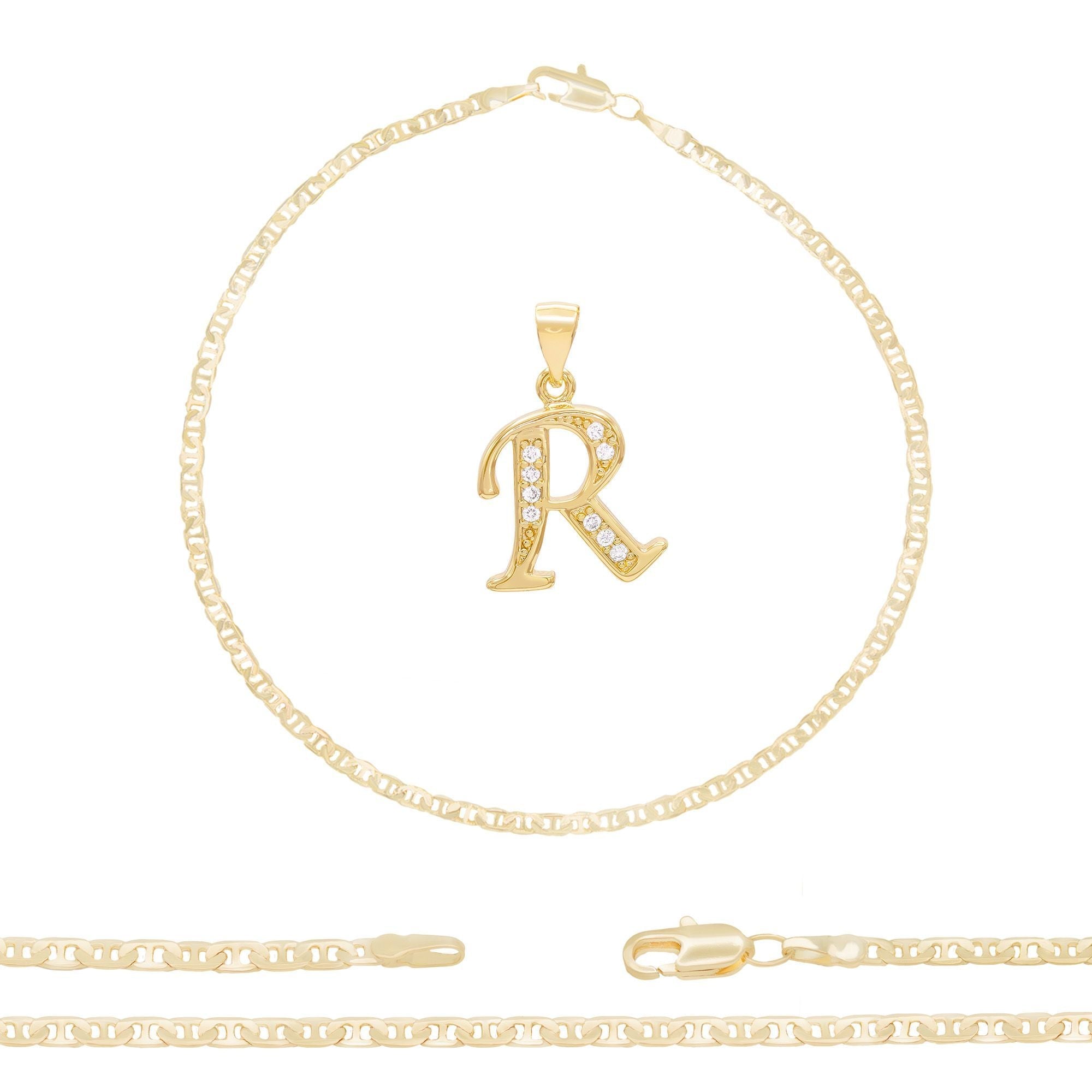 A-Z Initial Letter Pendant 14K Gold Filled Cubic Zirconia Mariner Chain Anklet 10" Set 3 mm  Women Jewelry
