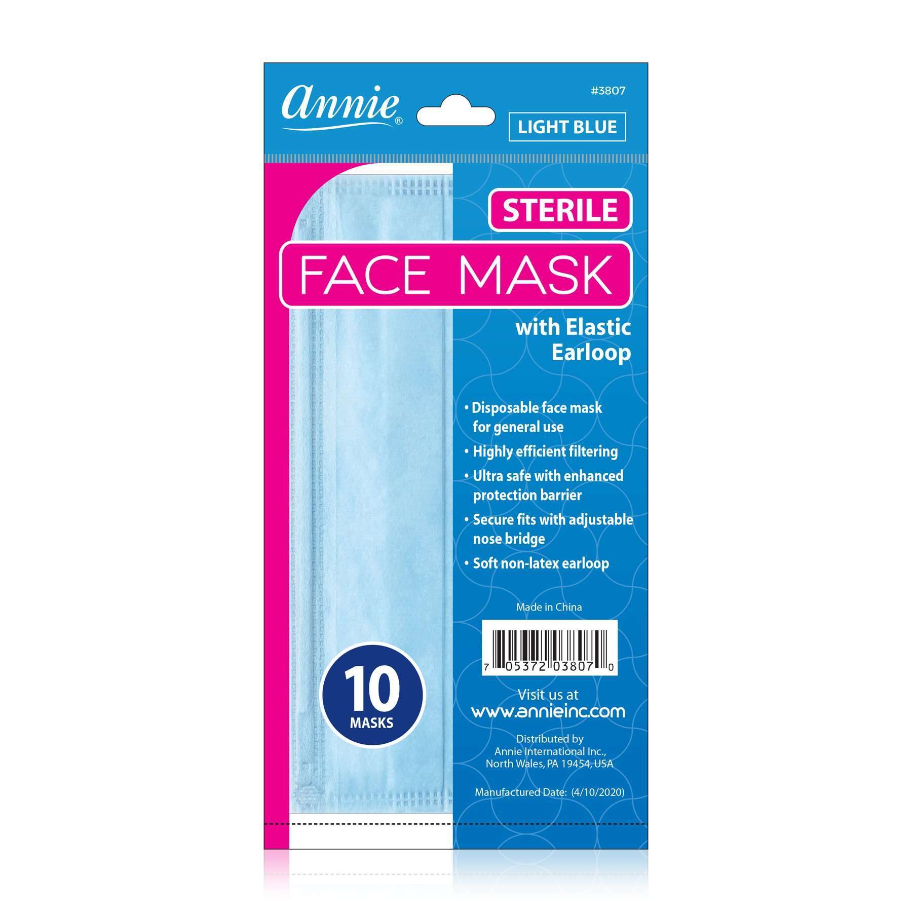 Annie Sterile Face Mask One Size, 10 Count, Light Blue