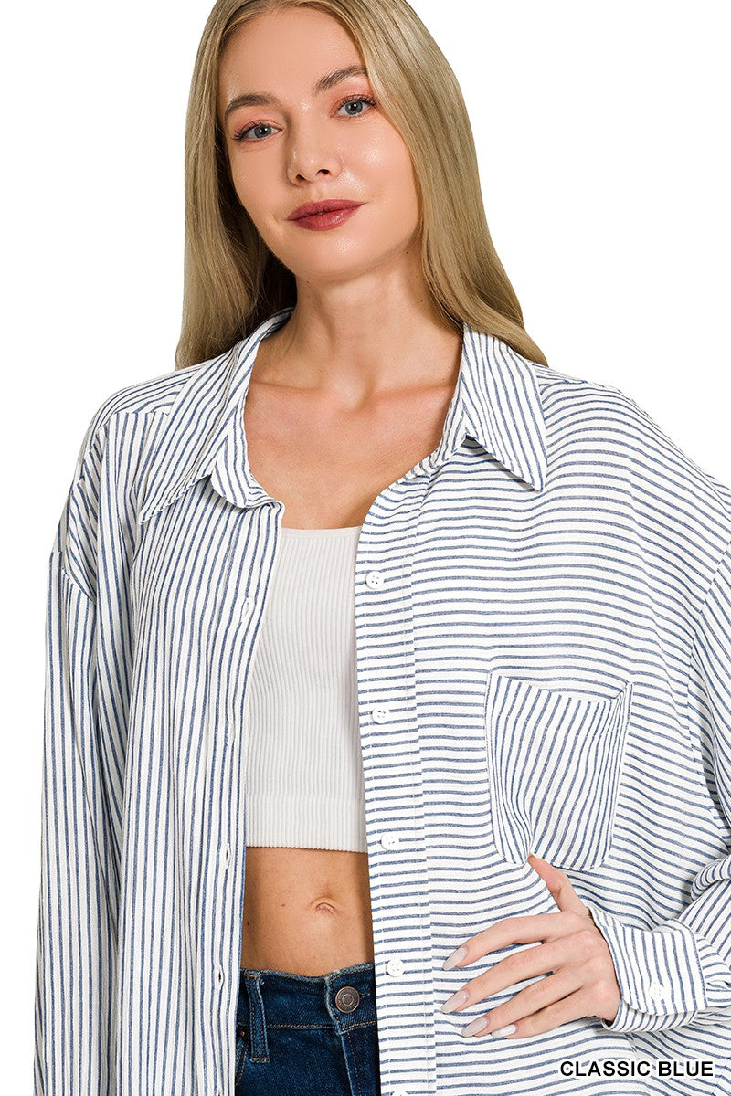 Zenana Woven Stripe Button Down Shirt