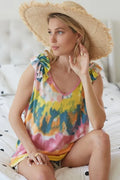 BiBi Circular Tie Dye Knit V Neck Top With Ruffle