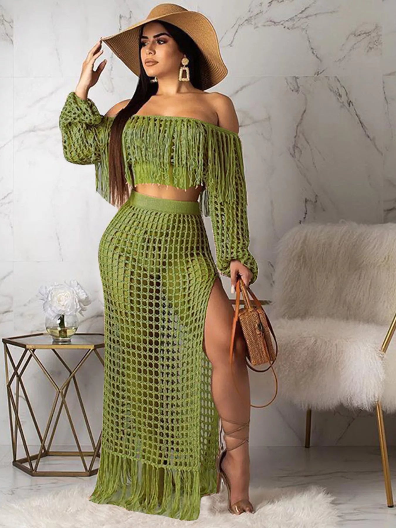 Full Size Crochet Off-Shoulder Fringe Top and Skirt Set Plus Size