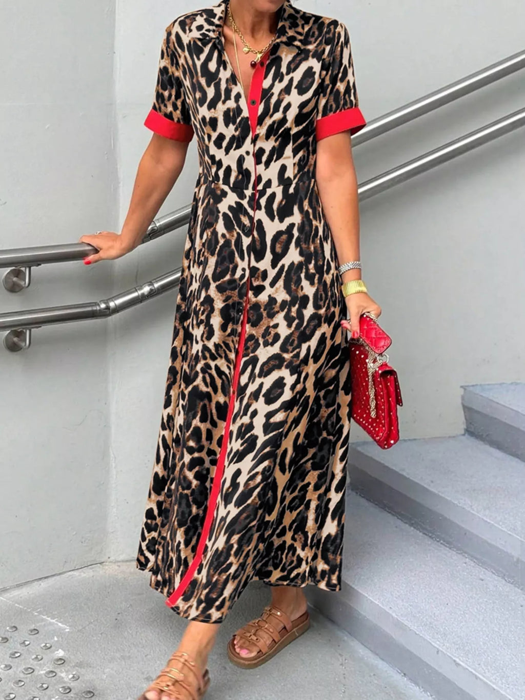 Leopard Print Button-Down Dress with Contrast Trim