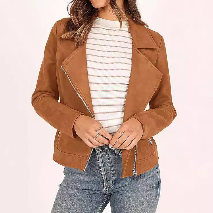 Fashion Deerskin Velvet Motorcycle Jacket Zipper Pocket Short Coat