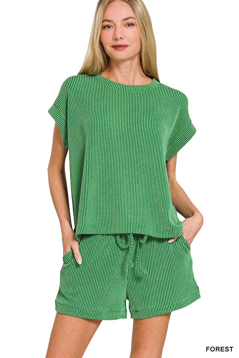 Zenana Raised Rib Cap Sleeve Top & Shorts Set