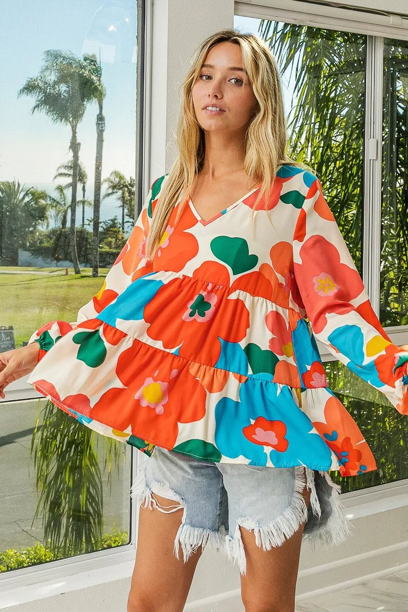 BiBi Floral Woven Tiered V Neck Top