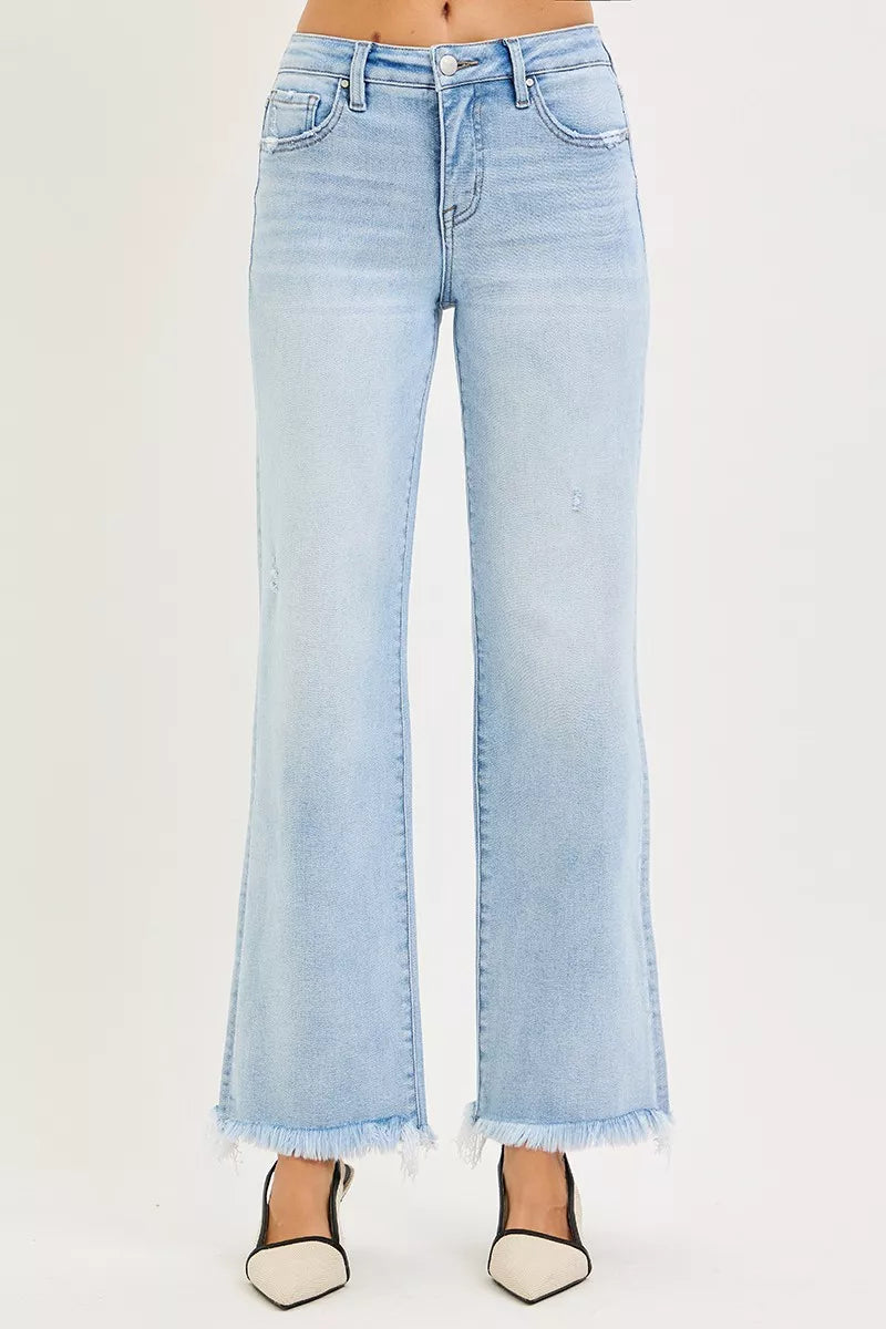 RISEN Tummy Control Mid Rise Ankle Straight Fray Hem Jeans