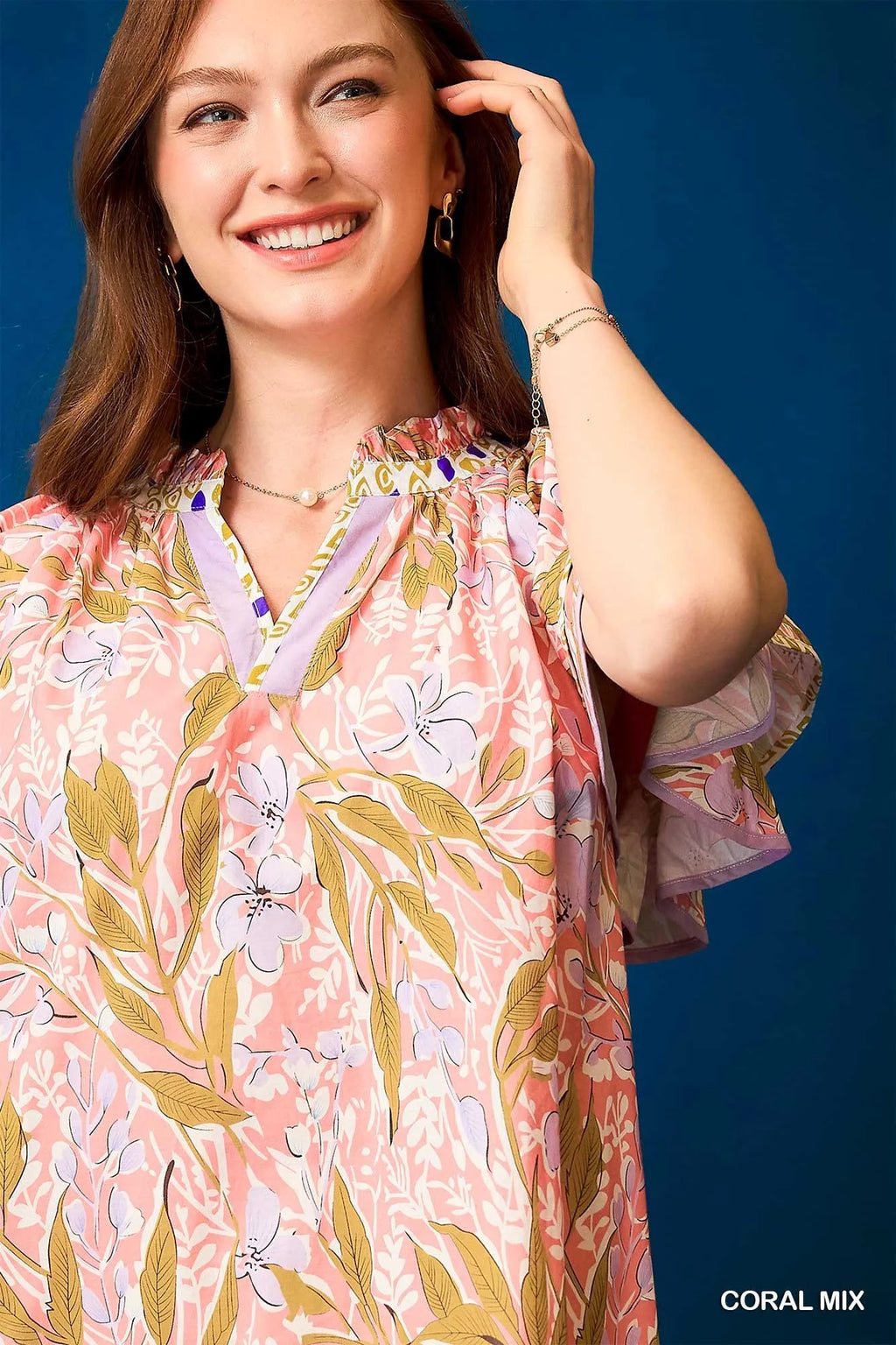 Umgee Floral Ruffle-Sleeve Tunic Dress