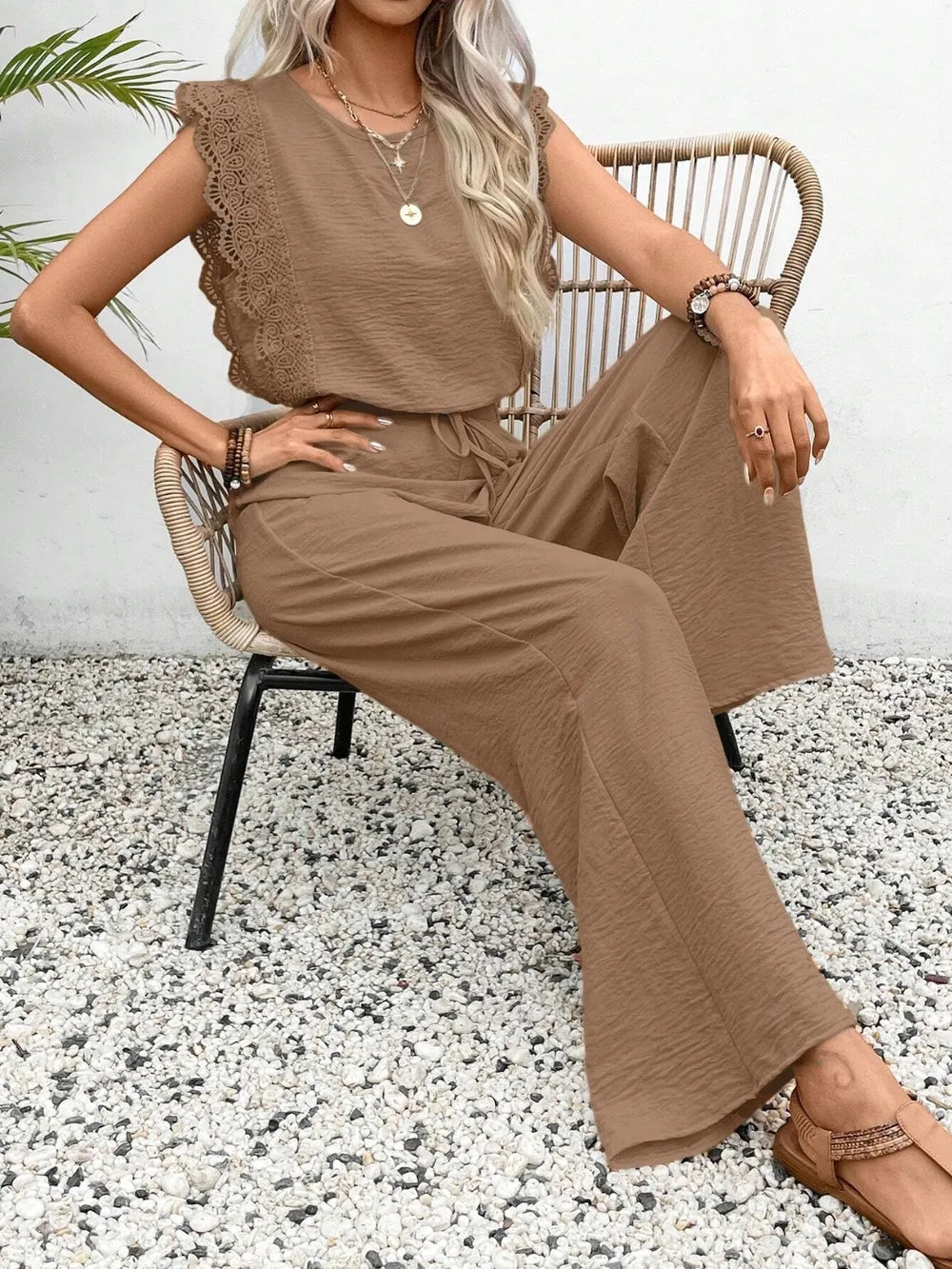 Lace Trim Round Neck Top and Pants Set