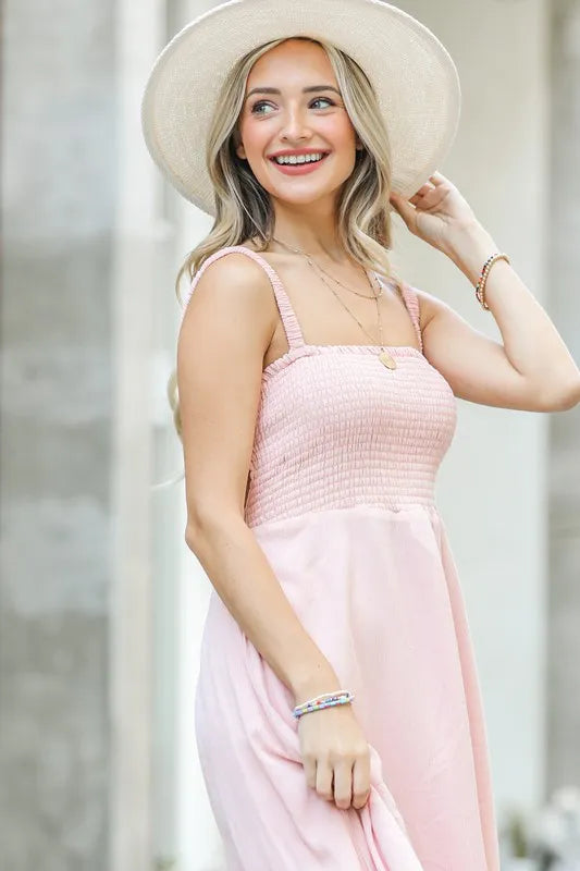 And The Why Smocking Open-Back Sleeveless Midi Dress