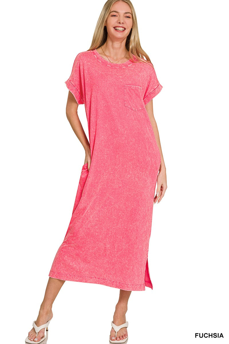 Zenana Washed Exposed Seam Short Sleeve T-Shirt Dress