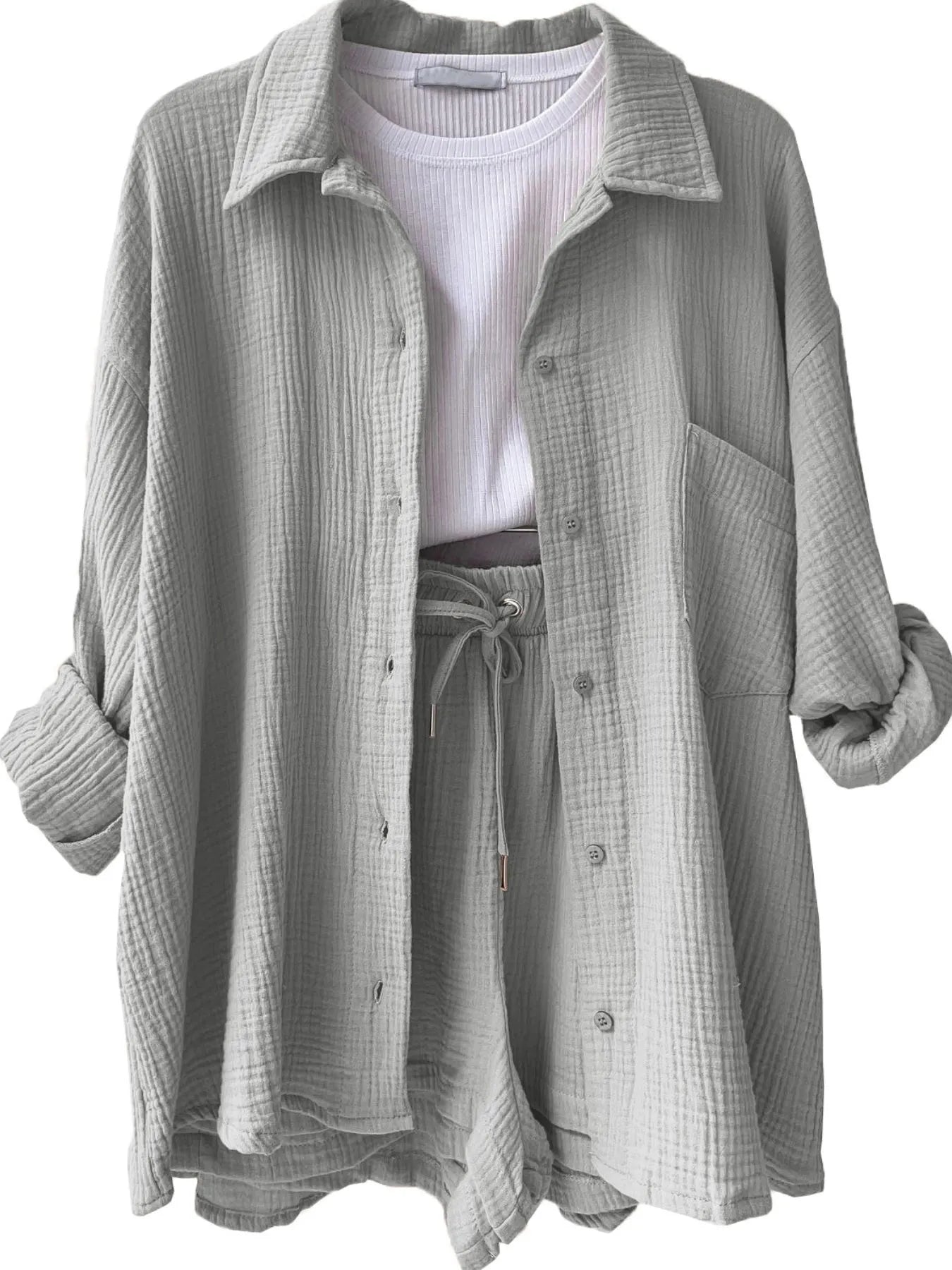 Textured Button Up Shirt and Shorts Set