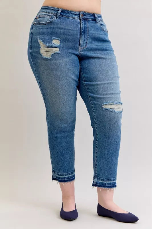 Judy Blue Full Size Mid Rise Bf Patch & Repair Destroy Release Hem Jeans Plus Size
