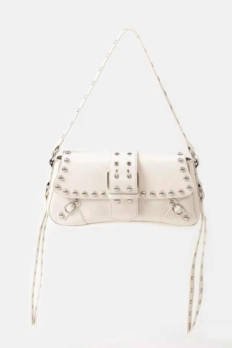 Fame Glossy Faux Leather Rivet Trim Shoulder Bag