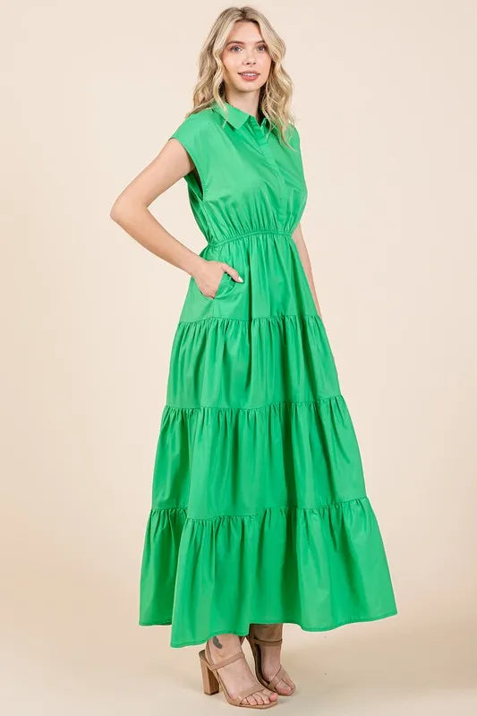 Mittoshop Button Up Collared Tiered Maxi Shirt Dress