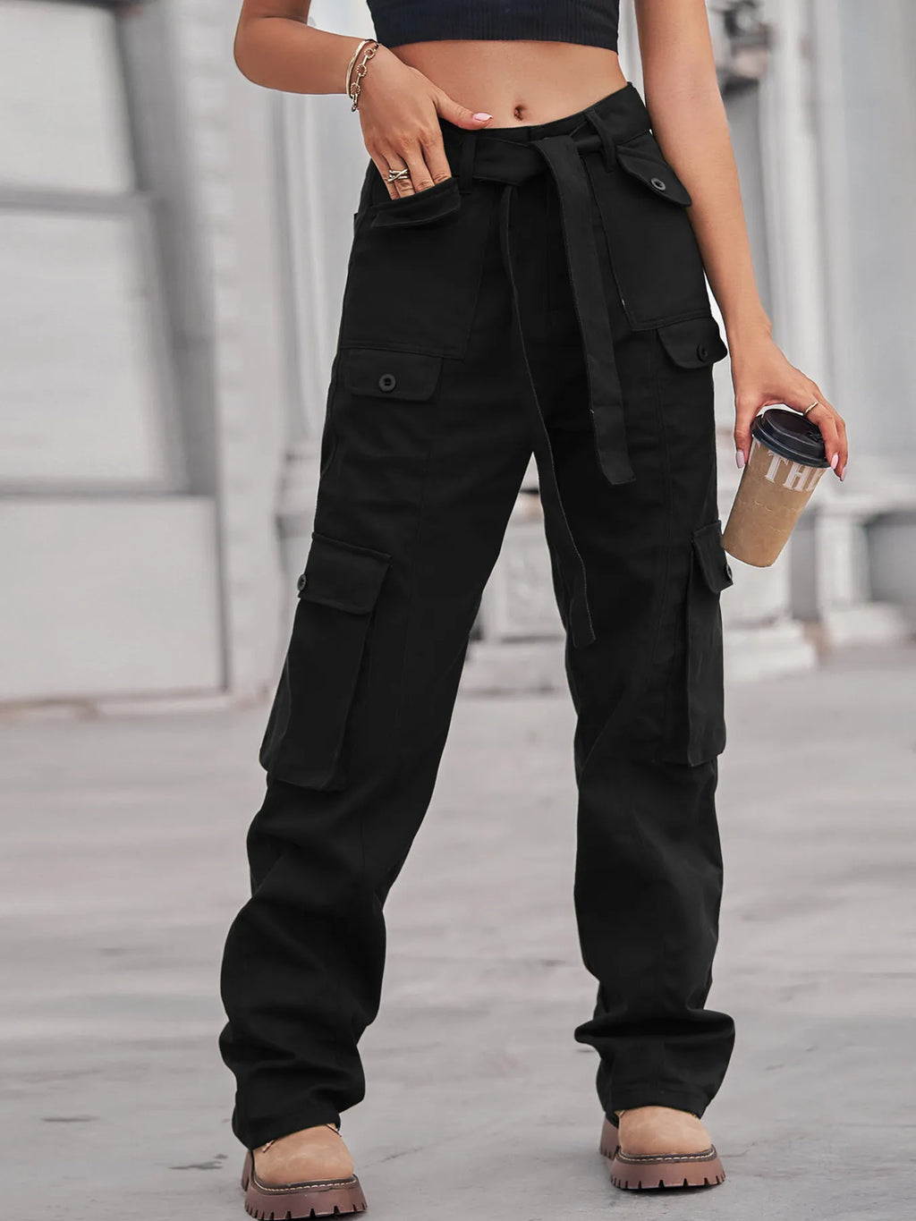 High-Waisted Multi-Pocket Cargo Jeans