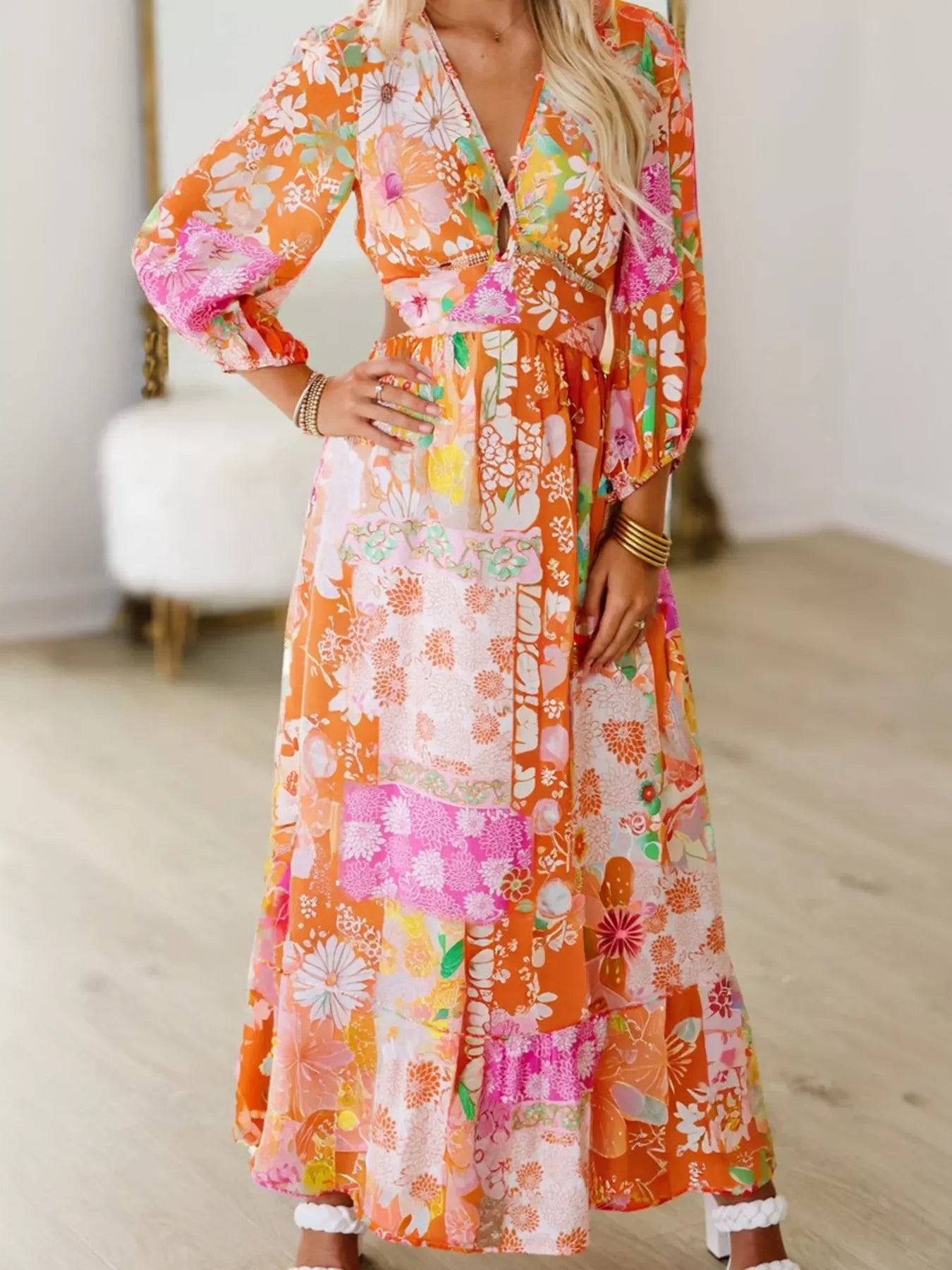 Vibrant Floral Long Sleeve Dress with Lace-Up Back