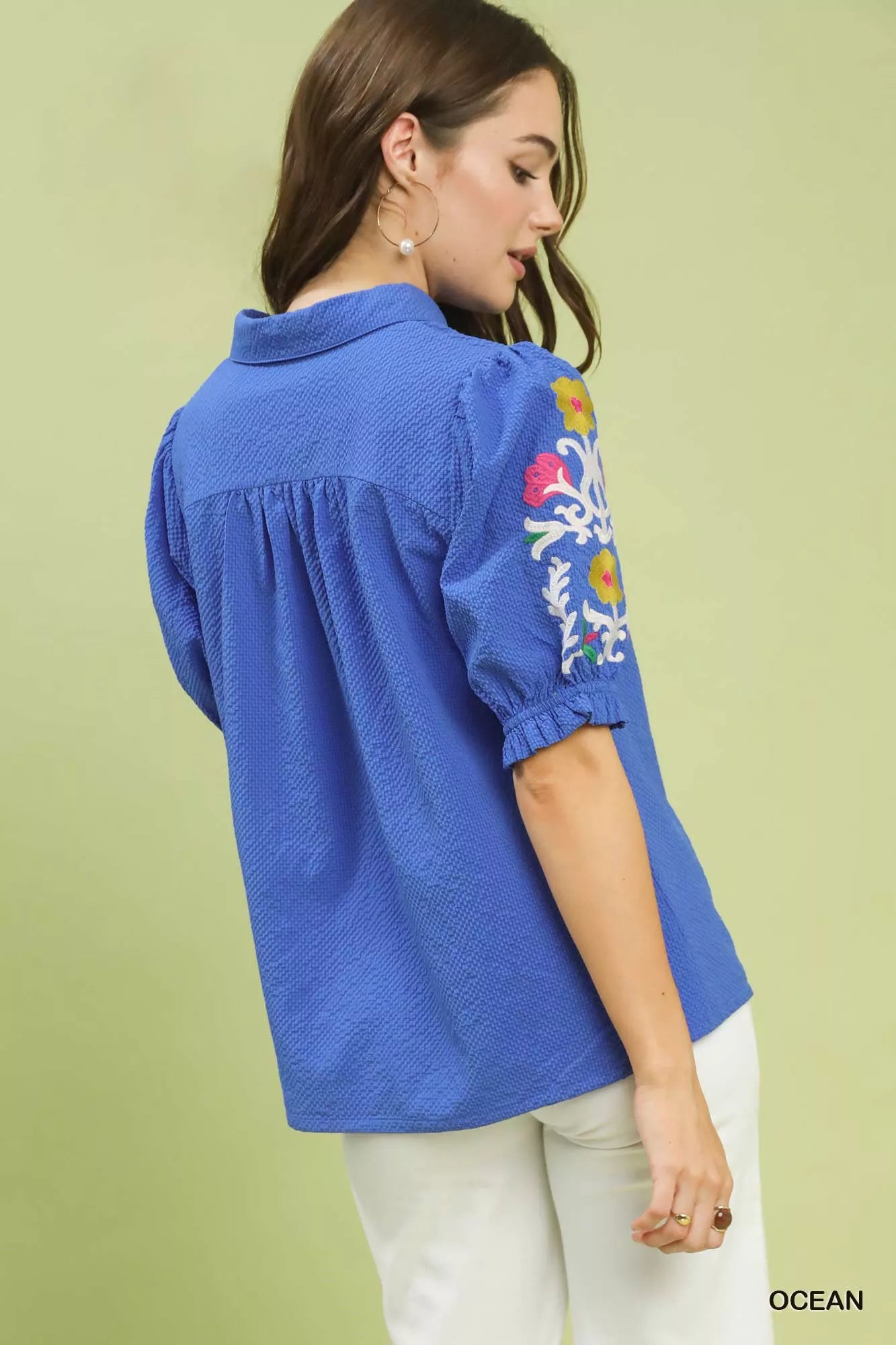 Umgee Seersucker Embroidered Sleeve Blouse