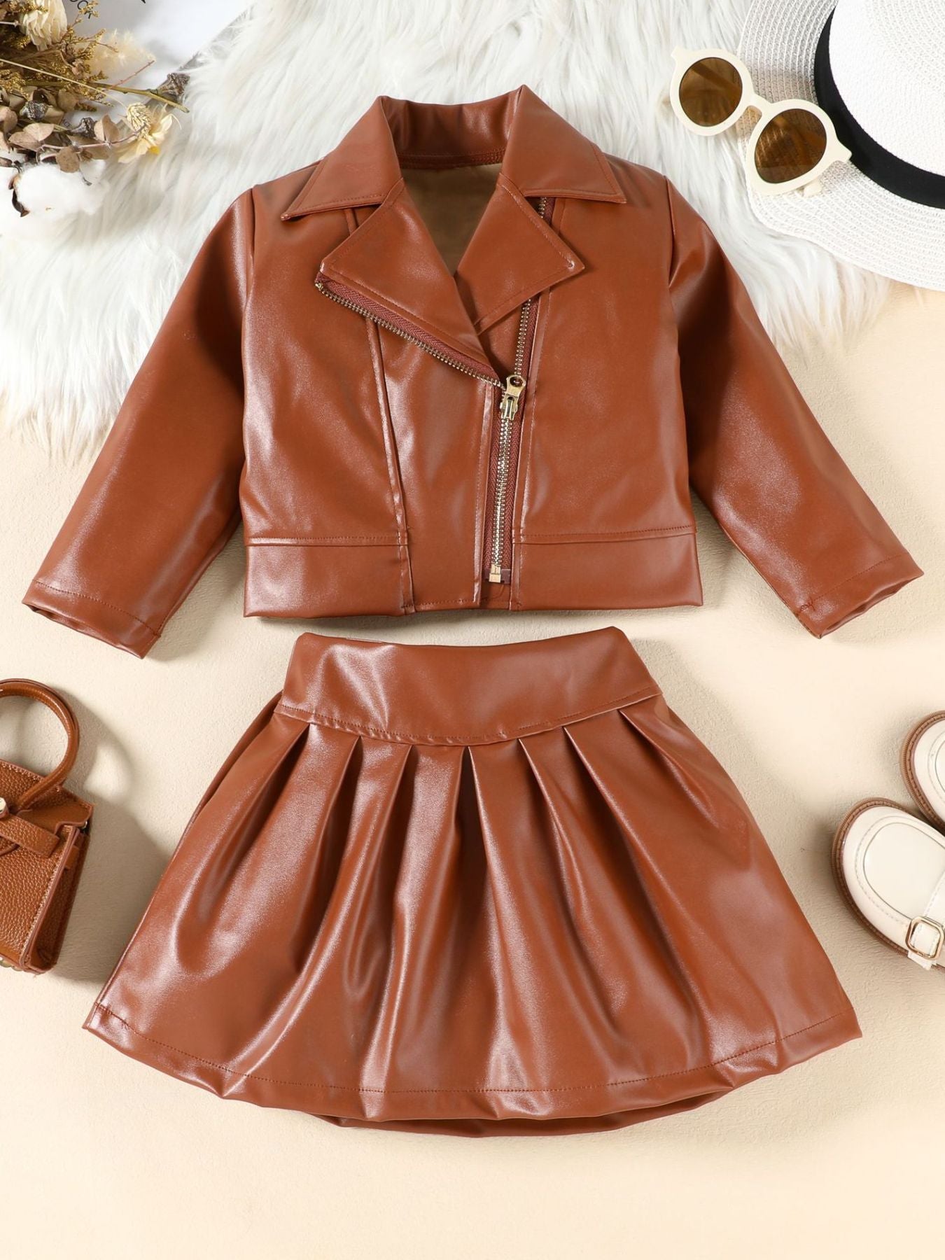 Children's Faux Leather Jacket & Pleated Skirt Set