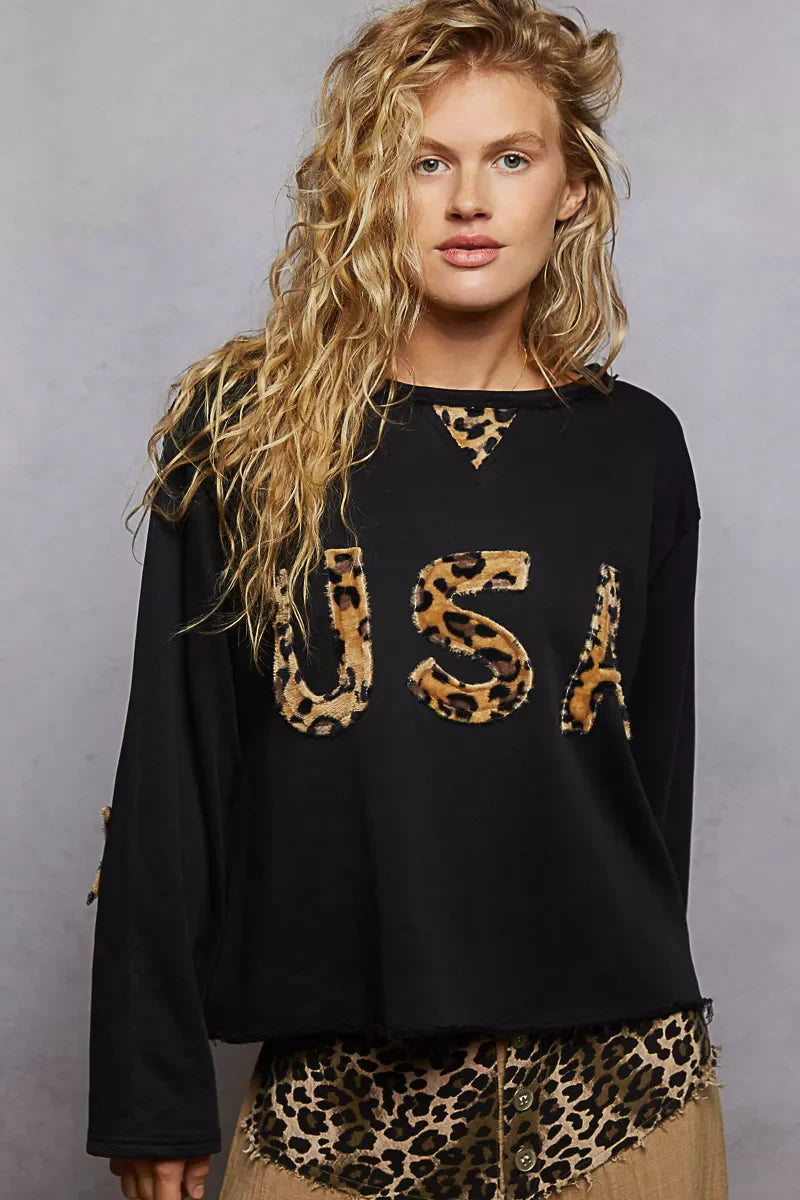 POL Round Neck Long Sleeve French Terry Sweatshirt with USA Letter Animal Patch