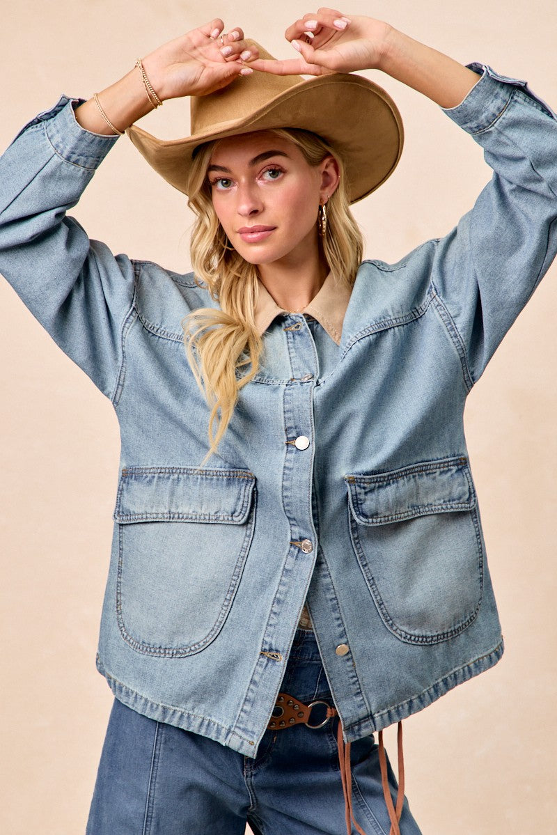 BiBi Washed Denim Jacket with Contrast Collar Detail