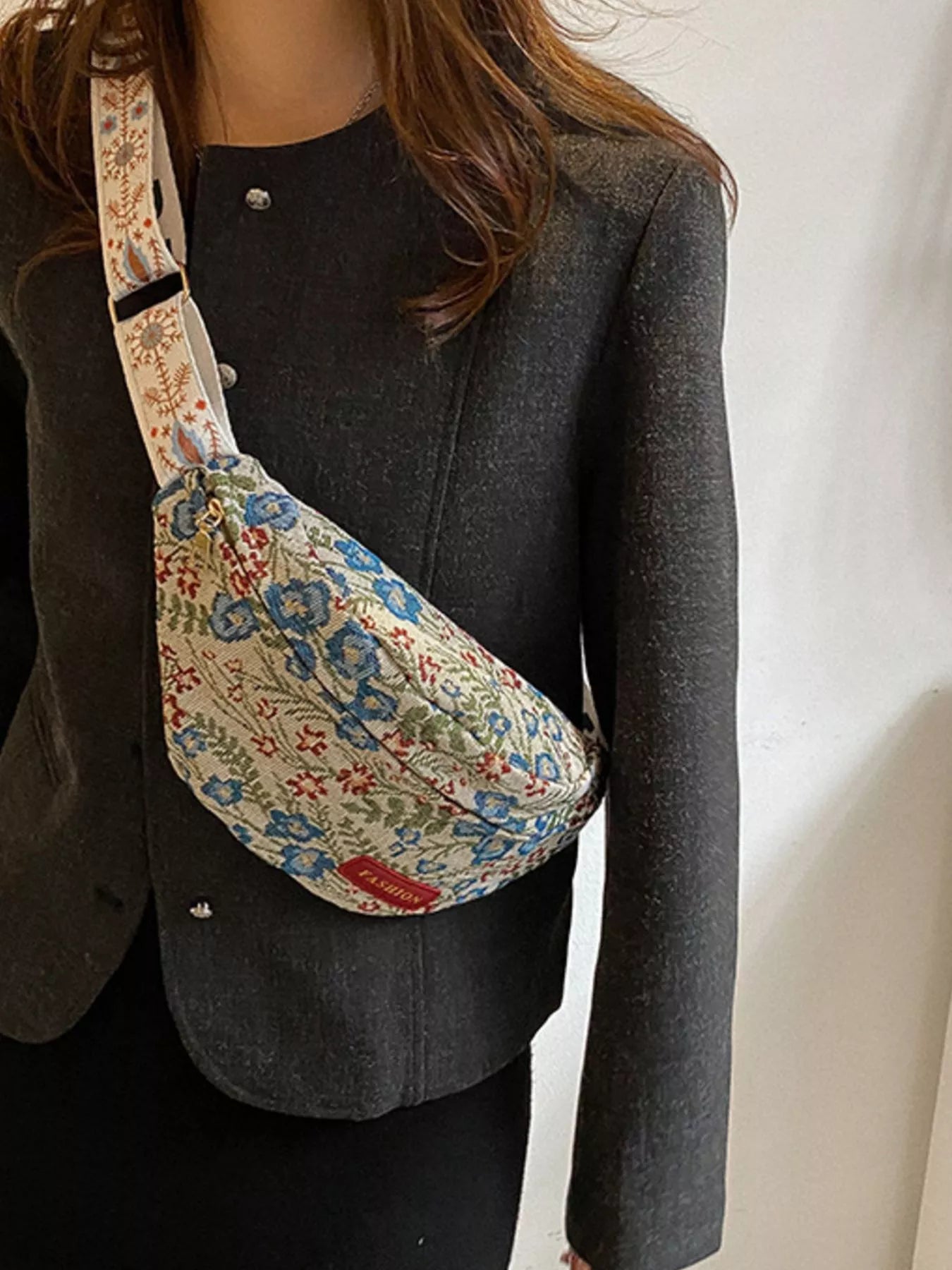 Floral Pattern Wide Strap Crossbody Bag