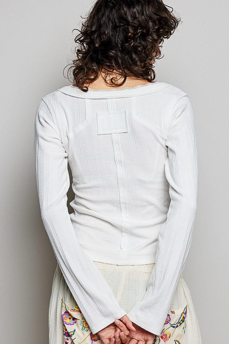 POL V-Neck Long Sleeve Ribbed Top with Lace-Accent Neckband
