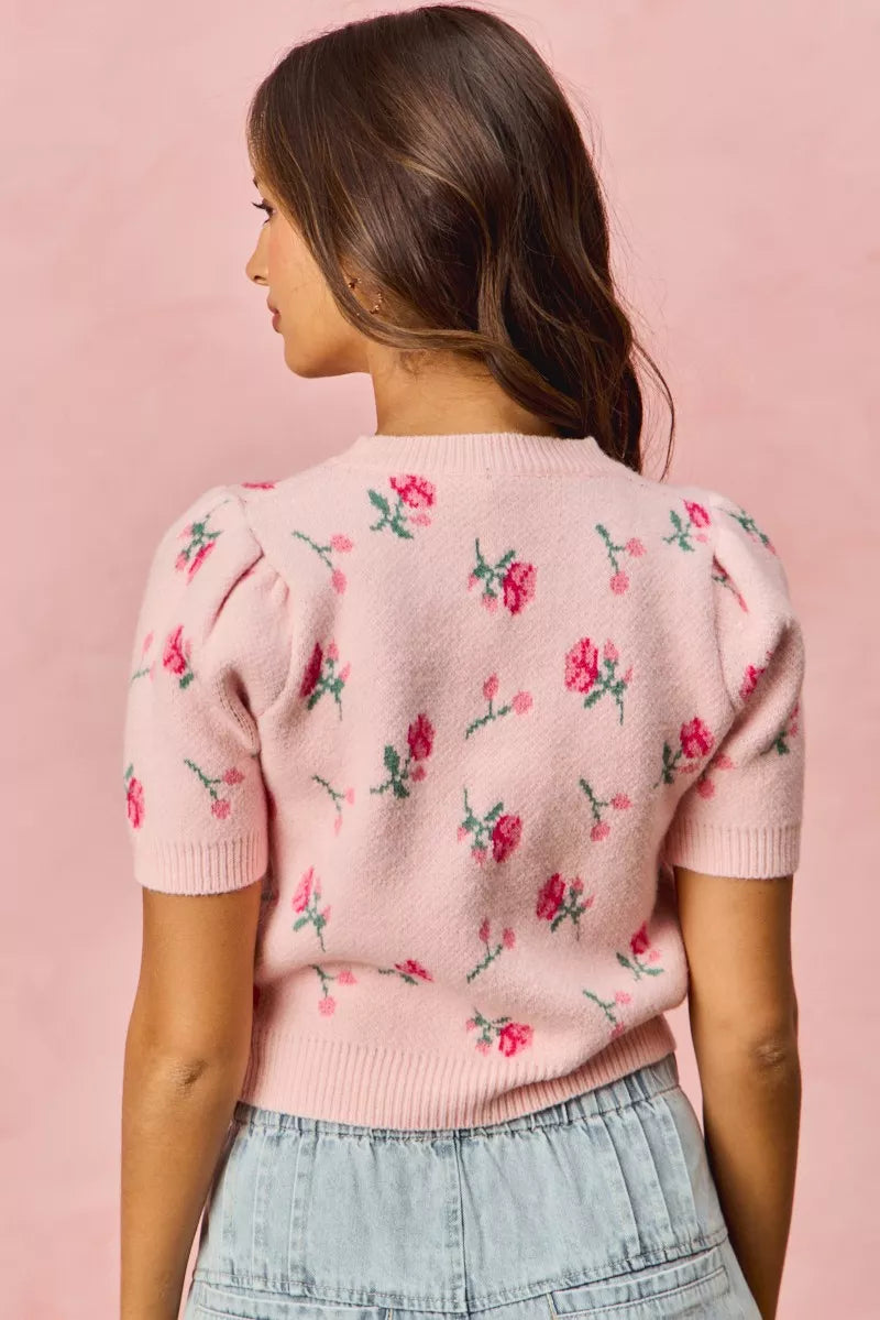 SO ME Floral Pattern Knit Puff Sleeves Sweater Top