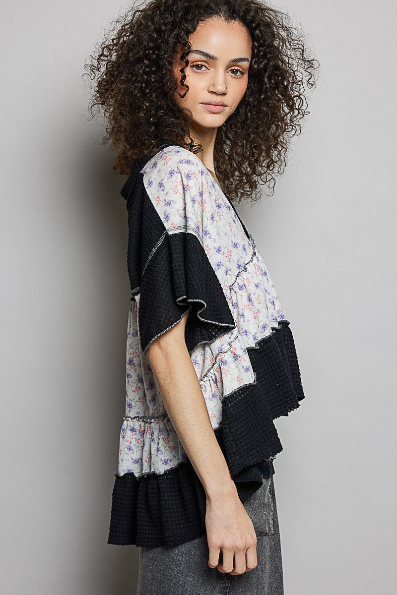POL Floral Print V-Neck Woven Blouse with Gentle Gathers