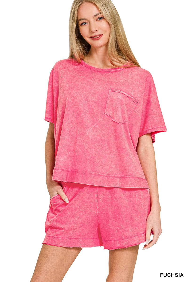 Zenana Acid Washed Oversized Top & Shorts Set