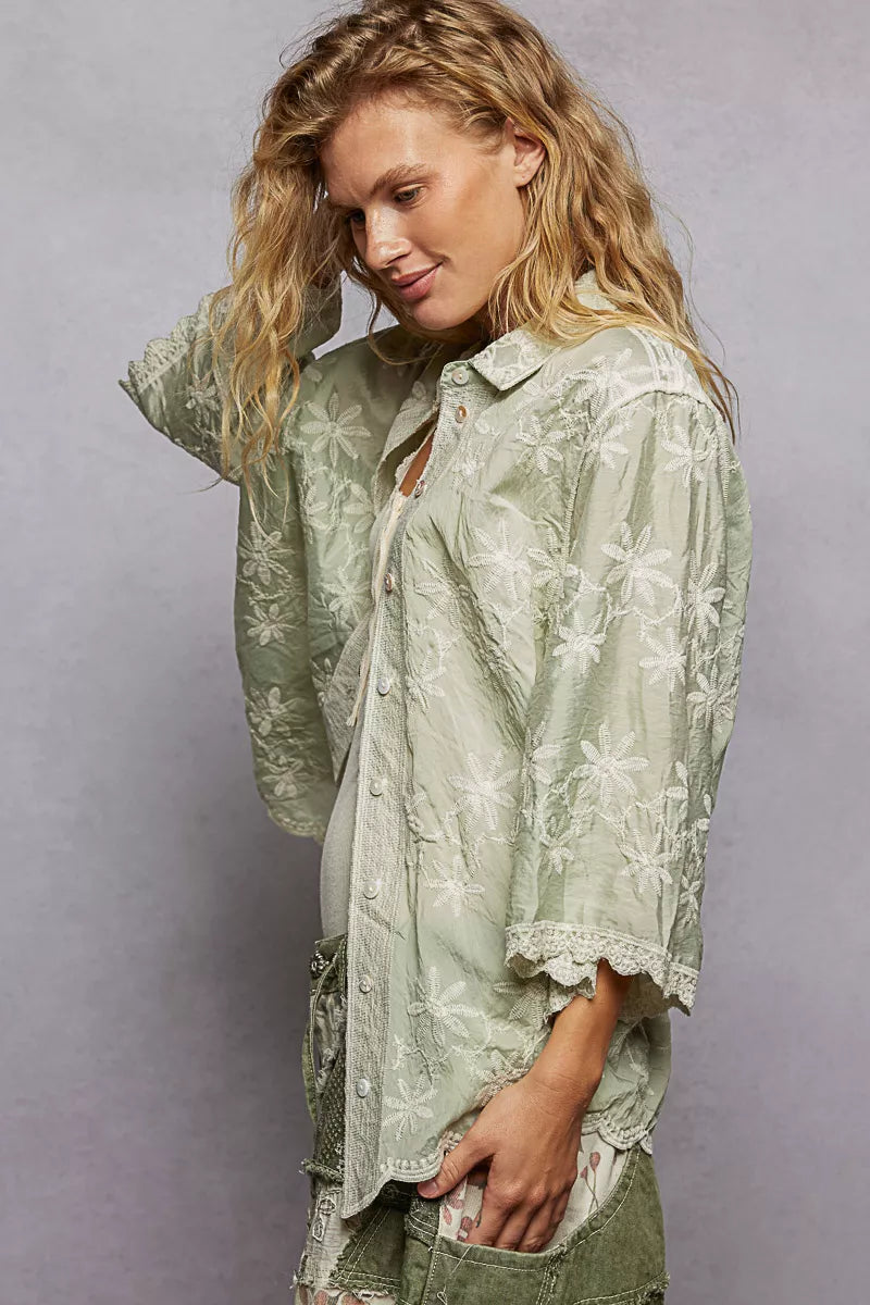 POL Embroidered Floral Collared Neck Shirt with Scalloped Edges