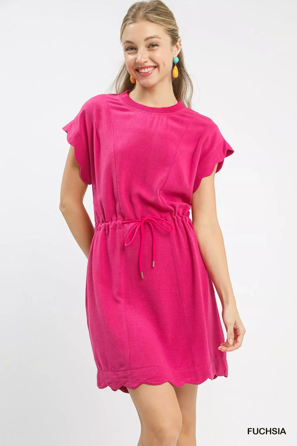 Umgee Linen Blend Scallop Hem Mini Dress