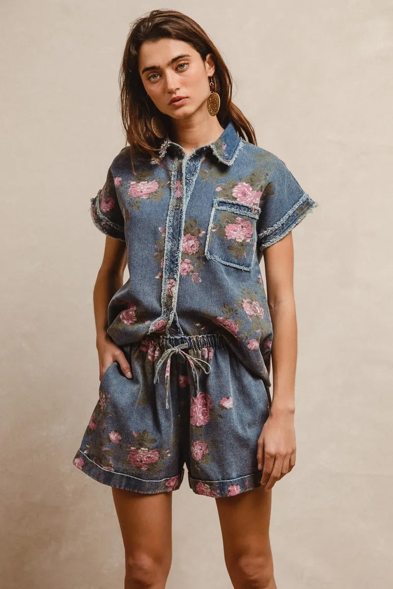 BiBi Floral Printed Denim Short Pants With Pocket