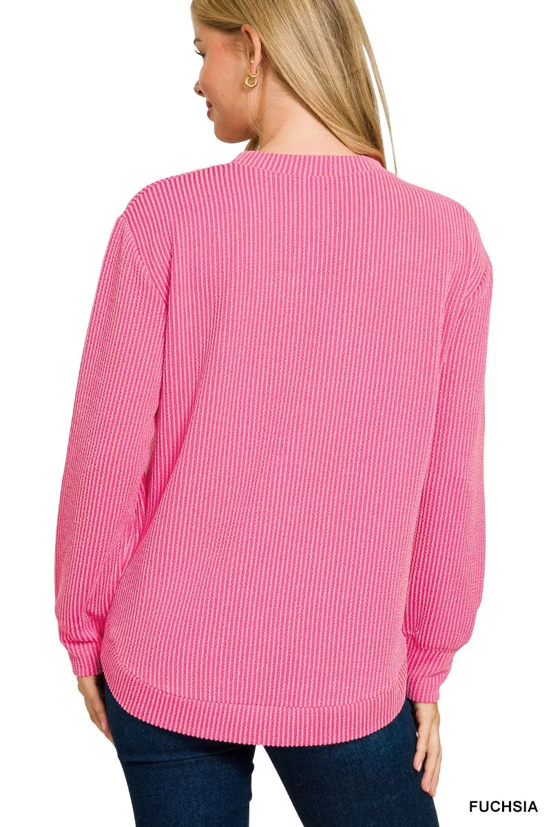 Zenana Full Size Raised Rib Round Neck Long Sleeve Top Plus Size