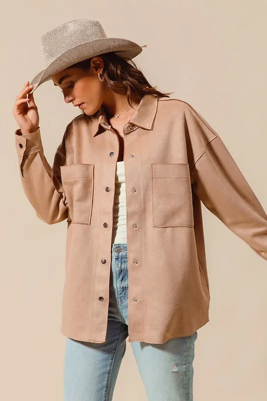 SO ME Faux Sued Snap Shacket with Collar and Pockets