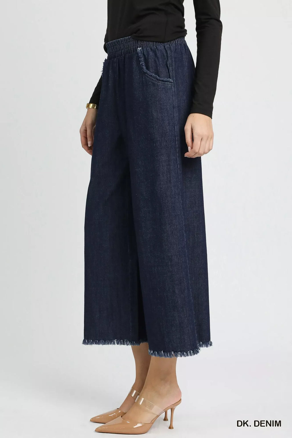 Umgee Washed Fringe Hem Wide Leg Jeans