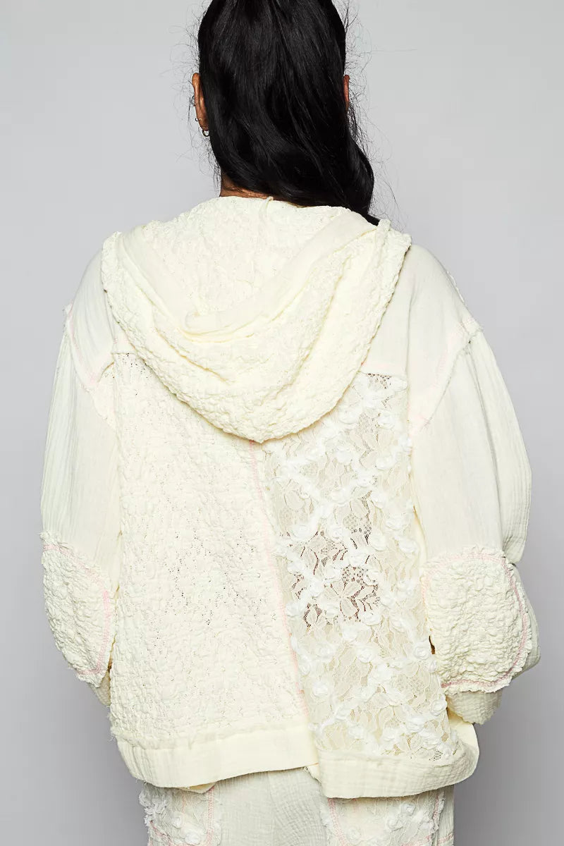 POL Exposed Seam Button Down Hooded Jacket with Lace Detail
