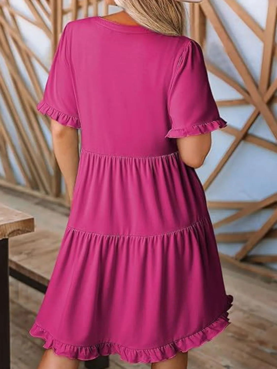 Tiered Notched Short Sleeve Mini Dress