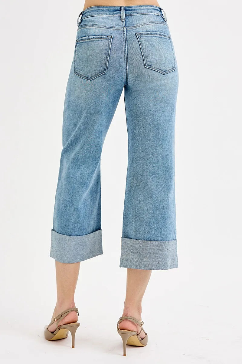 RISEN Full Size Tummy Control High Rise Ankle Wide Cuffed Jeans Plus Size