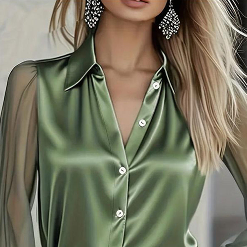 Women's Elegant Satin Blouse With Mesh Sleeves