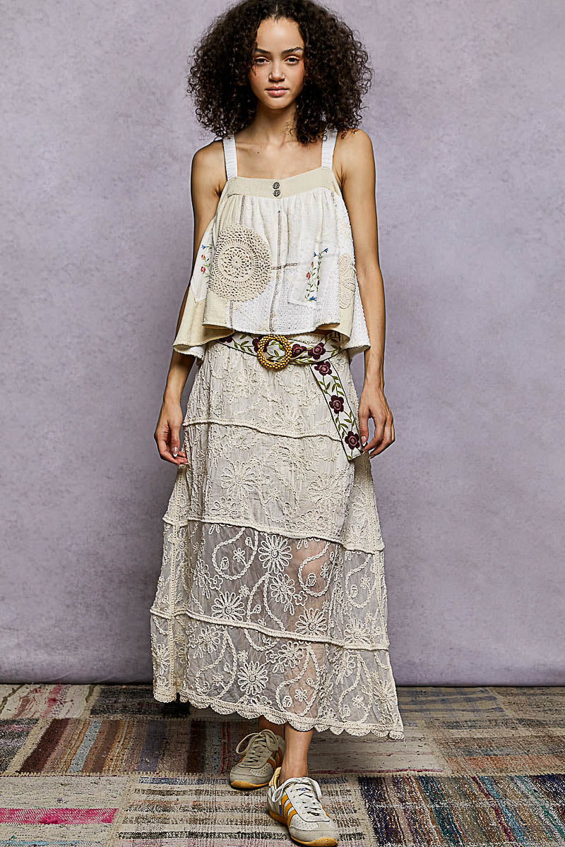 POL Floral Embroidered Tiered Crochet Skirt