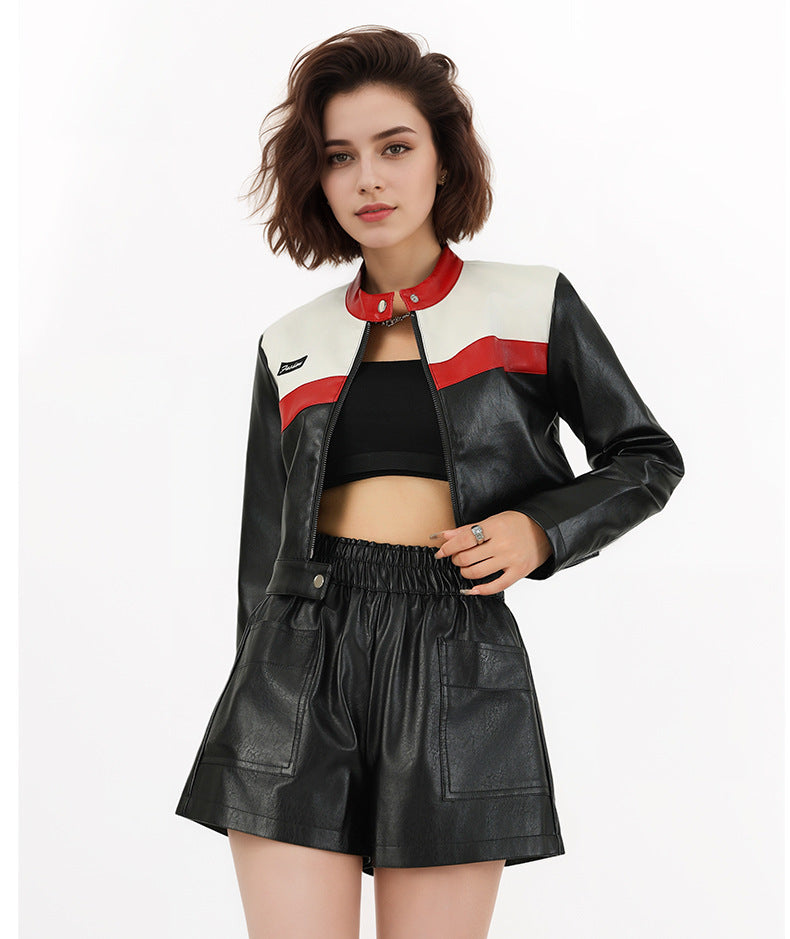 New Color Contrast Patchwork Motorcycle Clothing Pilot Jacket Short Version Coat